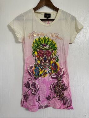 Christian Audigier Short Sleeve Graphic T-Shirt El Rey Skull Size Large